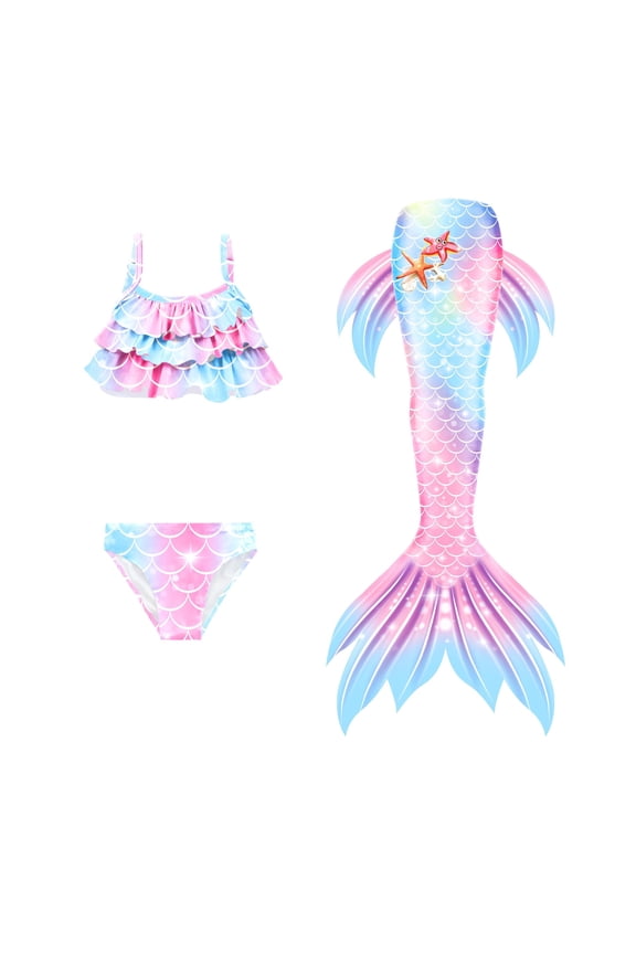 【Uhome】3PCS Girls Mermaid Tail Swimsuit Cute Costume Set with Fish Tail Kids Beach Bikini Bath Suit 3-12Y