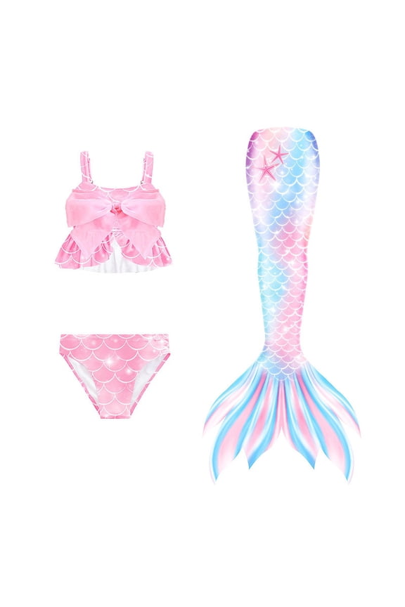 【Uhome】3PCS Girls Mermaid Tail Swimsuit Cute Costume Set with Fish Tail Kids Beach Bikini Bath Suit 3-12Y