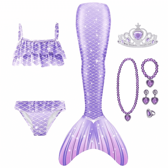 9PCS Girls Mermaid Bathing Suit & Fish Tail Cute Ruffle Tankini Swimsuits for 3-12Y Kids Beach Swimwear with Accessories
