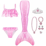 9PCS Girls Mermaid Bathing Suit & Fish Tail Cute Ruffle Tankini Swimsuits for 3-12Y Kids Beach Swimwear with Accessories