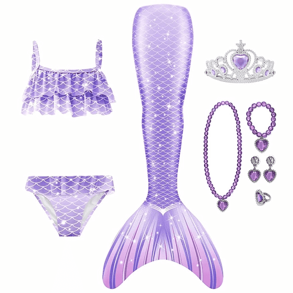 【Uhome】9PCS Girls Mermaid Bathing Suit & Fish Tail Cute Ruffle Tankini Swimsuits for 3-12Y Kids Beach Swimwear with Accessories