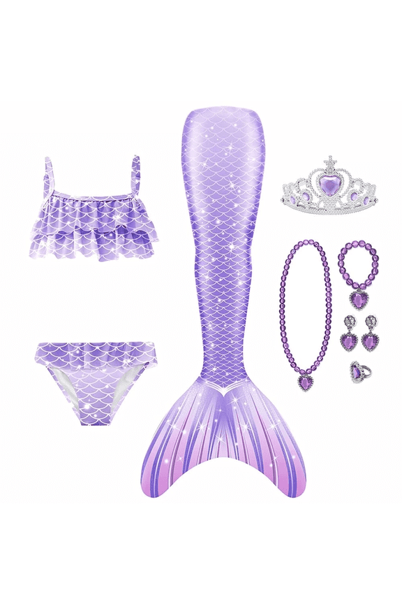 【Uhome】9PCS Girls Mermaid Bathing Suit & Fish Tail Cute Ruffle Tankini Swimsuits for 3-12Y Kids Beach Swimwear with Accessories