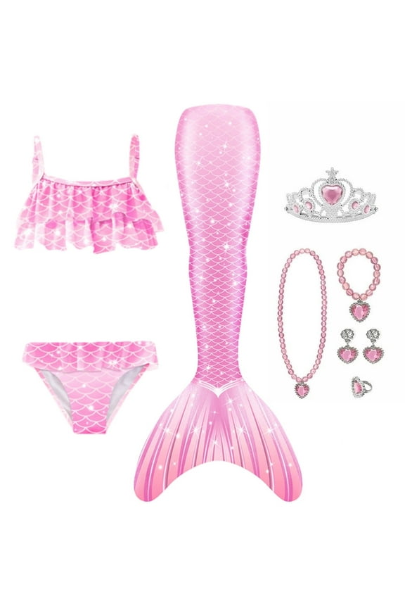 【Uhome】9PCS Girls Mermaid Bathing Suit & Fish Tail Cute Ruffle Tankini Swimsuits for 3-12Y Kids Beach Swimwear with Accessories