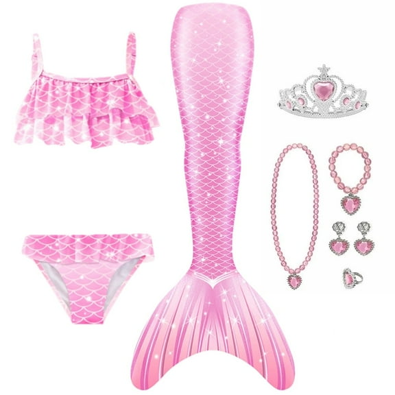 【Uhome】9PCS Girls Mermaid Bathing Suit & Fish Tail Cute Ruffle Tankini Swimsuits for 3-12Y Kids Beach Swimwear with Accessories
