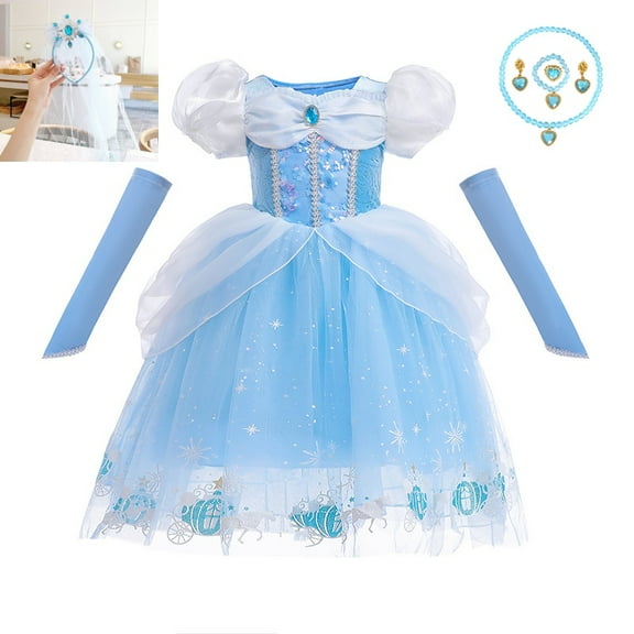 【Uhome】Cinderella Princess Dress Girls Halloween Party Cosplay Costume Toddler Puffy Sleeve Blue Fancy Outfit