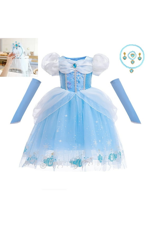 【Uhome】Cinderella Princess Dress Girls Halloween Party Cosplay Costume Toddler Puffy Sleeve Blue Fancy Outfit