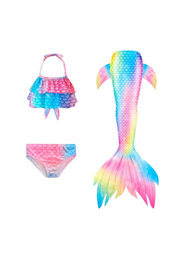 【Uhome】Girls Mermaid Bathing Suit 3PCS Cute Ruffle Bikini Swimsuits with Fish Tail Kids Beach Costume Set 3-12Y