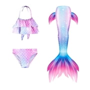 Uhome Girls Mermaid Bathing Suit 3PCS Cute Ruffle Bikini Swimsuits with Fish Tail Kids Beach Costume Set 3-12Y