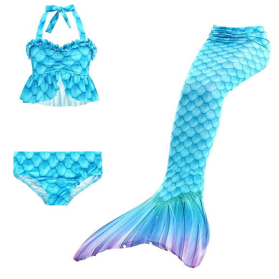【Uhome】Girls Mermaid Bathing Suit 3PCS Hot Spring Bikini Swimsuits with Fish Tail Kids Beach Costume Set 3-12Y