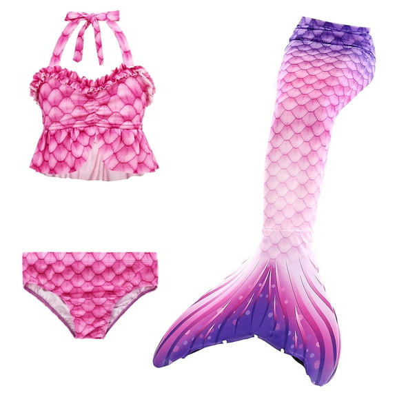 【Uhome】Girls Mermaid Bathing Suit 3PCS Hot Spring Bikini Swimsuits with Fish Tail Kids Beach Costume Set 3-12Y