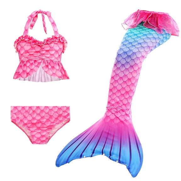 【Uhome】Girls Mermaid Bathing Suit 3PCS Hot Spring Bikini Swimsuits with Fish Tail Kids Beach Costume Set 3-12Y