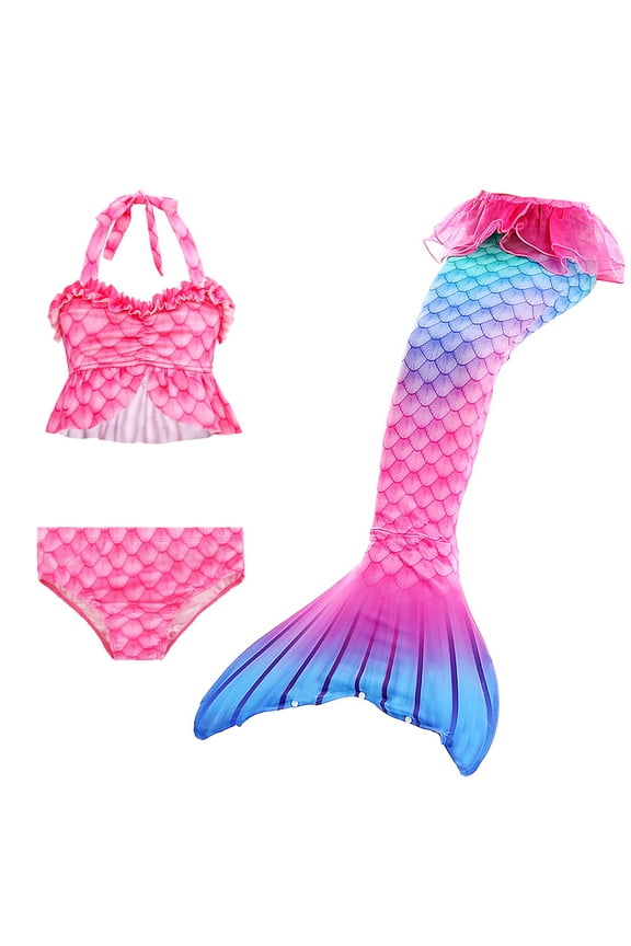 【Uhome】Girls Mermaid Bathing Suit 3PCS Hot Spring Bikini Swimsuits with Fish Tail Kids Beach Costume Set 3-12Y