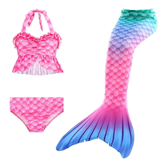 【Uhome】Girls Mermaid Bathing Suit 3PCS Hot Spring Bikini Swimsuits with Fish Tail Kids Beach Costume Set 3-12Y