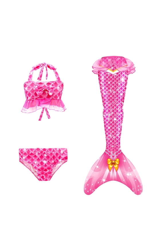 【Uhome】Girls Mermaid Bathing Suit 3PCS Hot Spring Bikini Swimsuits with Fish Tail Kids Beach Costume Set 3-12Y