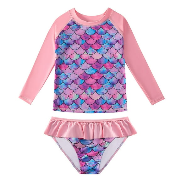 【Uhome】Little Girls Swimsuits Two Pieces Swimwears Rash Guard Set Long Sleeve UPF50  Bathing Suit for Beach 2-10T