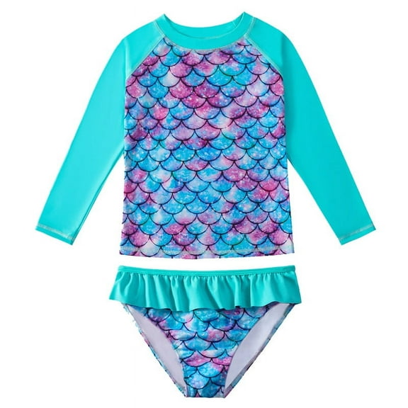 【Uhome】Little Girls Swimsuits Two Pieces Swimwears Rash Guard Set Long Sleeve UPF50  Bathing Suit for Beach 2-10T