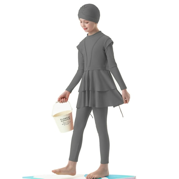 【Uhome】Muslimah Swimsuit for 1-12 Years Girls Swimwear suit Burkini Full Cover Hijab Top Pants Swim Costume Bathing Suit with Cap