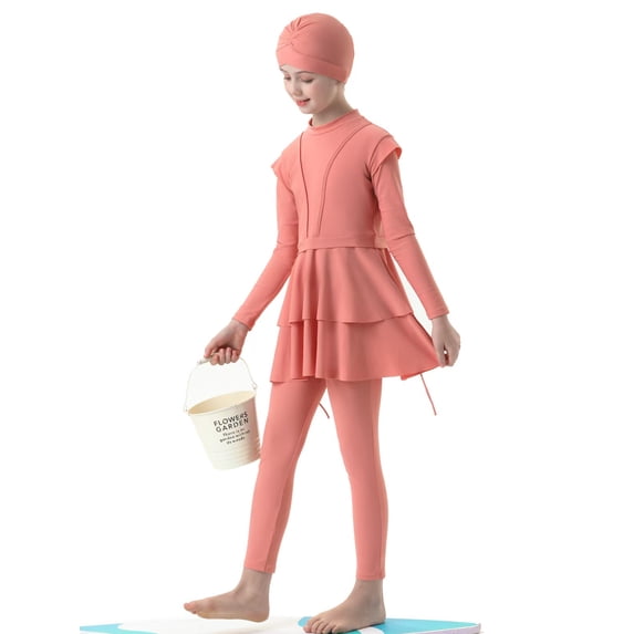 【Uhome】Muslimah Swimsuit for 1-12 Years Girls Swimwear suit Burkini Full Cover Hijab Top Pants Swim Costume Bathing Suit with Cap
