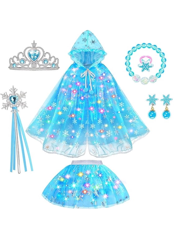 【Uhome】Princess Dress Up for Girls, 9Pcs Unicorn Light up Princess Cape Princess Dress Costume Crown Gift for Girls 3T-6T
