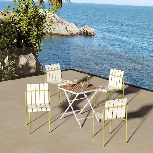 Uhomepro Modern 5-Piece Outdoor Patio Furniture Set, Waterproof PP Table Chairs Set with Sturdy Metal Legs, 4 All-Weather Indoor Outdoor Chairs and Folding indoor/outdoor Square Table, Brain Yellow