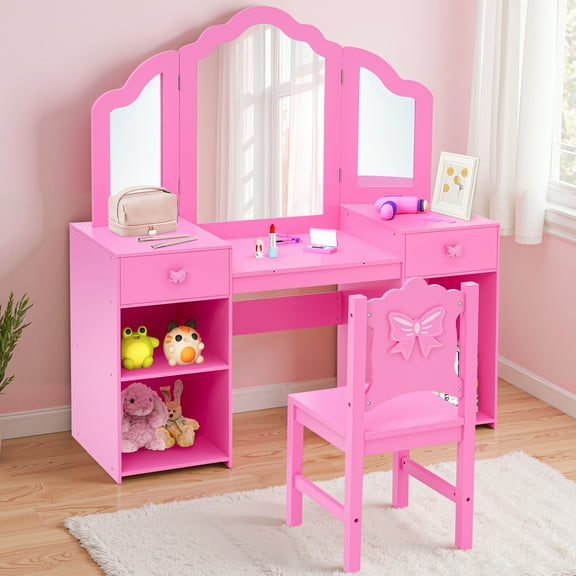 UHOMEPRO Kids Vanity Table with Chair Set, Princess Makeup Vanity Sets with Mirror & Storage Cabinet and Shelves, 2 In 1 Wooden Dressing Table with Drawers and Desk for Little Girls 3-8, Pink