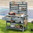 thumbnail image 1 of Uhomepro 64.9"H Outdoor Potting Bench Table with Lockable Wheels, Solid Wood Outdoor Kitchen Island with Upper Hutch, Stainless Steel Top, Towel Rack ,Outdoor Storage for Grilling,, 1 of 1