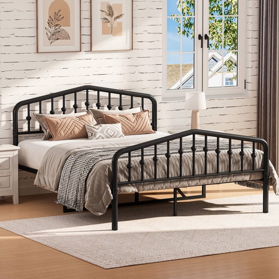 Victorian Style Queen Metal Bed Frame with Headboard, UHOMEPRO Quiet & Stable Steel Platform Bed, No Box Spring Needed, Easy Assembly, Black