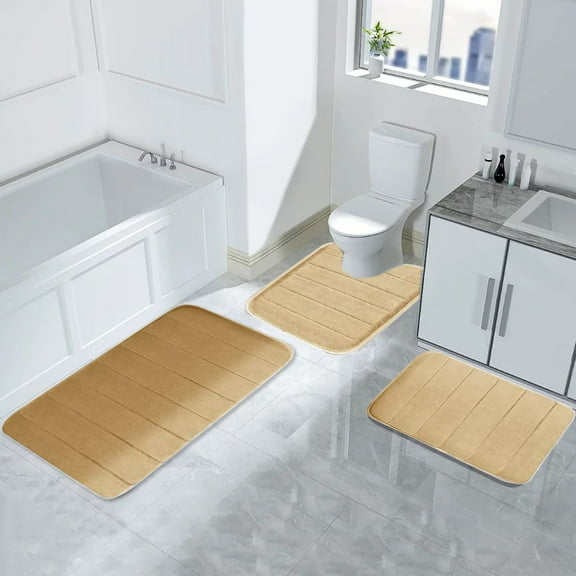 Uhuya Bathroom Rugs, Memory Foam Bath Mat - Non-Slip Bath Rugs, Machine Wash, Dries Quickly, Ultra Soft Bath Mats for Bathroom, 3 Piece Bathroom Rug Set, Khaki