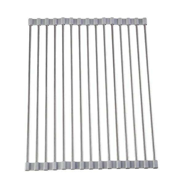 Uhuya Roll Over Sink Dish Drying Rack Foldable Kitchen Rolling Dish Drainer Stainless Steel Wire Drying Mat for Counters Gray