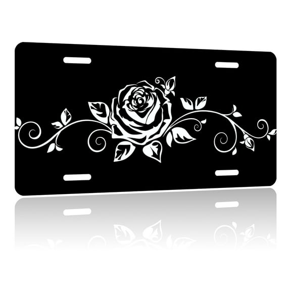Uiaoiais License Plate Black White Rose Decorative License Plate Cover Aluminum License Plate