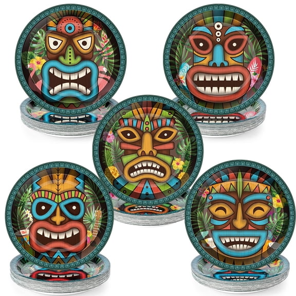 Uiifan 100 Pcs Vintage Tiki Disposable Paper Plates 9 Inch Tropical Summer Luau Party Supplies Hawaiian Aloha Party Tableware Set Beach Dessert Plates for Tiki Luau Decorations, Serve 100 Guests A101