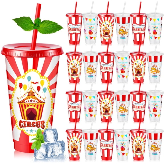 Uiifan 24 Pcs Circus Carnival Party Plastic Cups with Lid and Straw 24oz Reusable Tumbler Carnival Theme Decorations for Circus Birthday Party Favors Y101