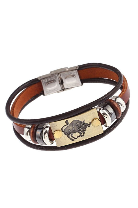 Zodiac Leather Bracelet, Brown Cowhide with Metal Beads, 8 Inches, Unisex