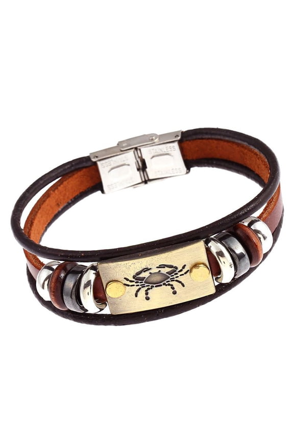 Zodiac Leather Bracelet, Brown Cowhide with Metal Beads, 8 Inches, Unisex