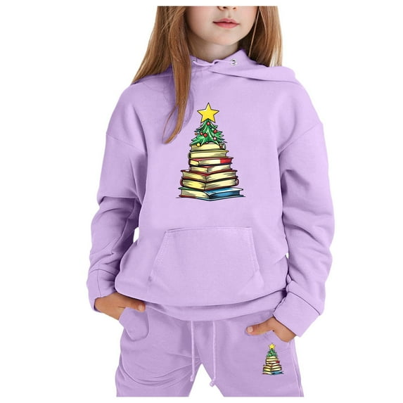 Uikmnh Christmas Outfits for Girls Children's Middle and Large Children's Long Sleeved Letter Print Hooded Top Sweater Pants Set Size:3-4 Years