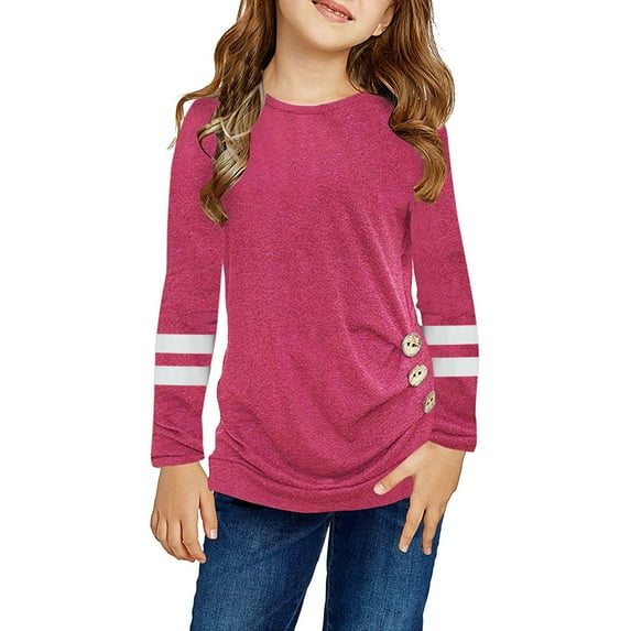 Uikmnh Girls Shirts Kids Little Girls Tunic Tops Crewneck Soft Solid Color Long Sleeve Striped Comfortable Casual with Side Buttons Blouse T Shirt Size:6-7 Years