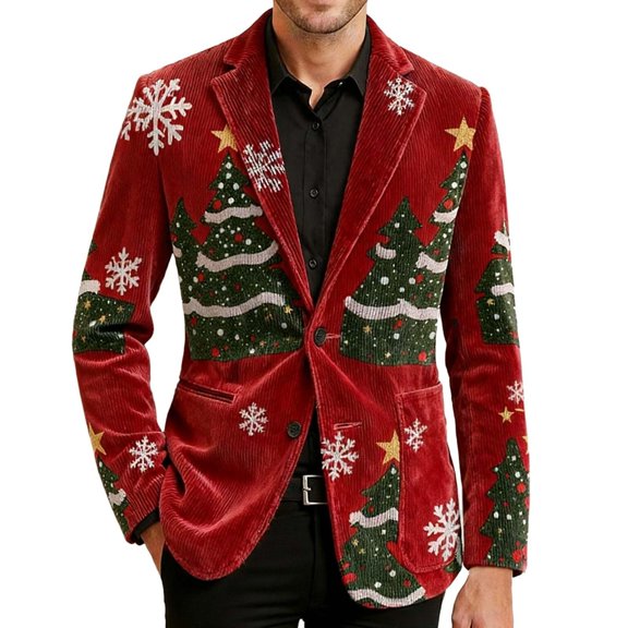 Uikmnh Mens Christmas Tree Corduroy Blazer Jacket Soft Durable Fabric Notched Lapel Collar Button Front Closure Slim Tailored Fit Smooth Woven Build
