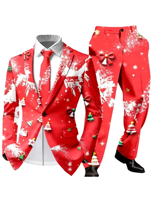 Uikmnh Mens Christmas Tree Suit Jacket And Pants Set Soft Durable Fabric Matching Tailored Pieces Notched Lapel Collar Slim Modern Fit