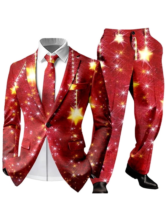 Uikmnh Mens Christmas Tree Suit Jacket And Pants Set Soft Durable Fabric Matching Tailored Pieces Notched Lapel Collar Slim Modern Fit
