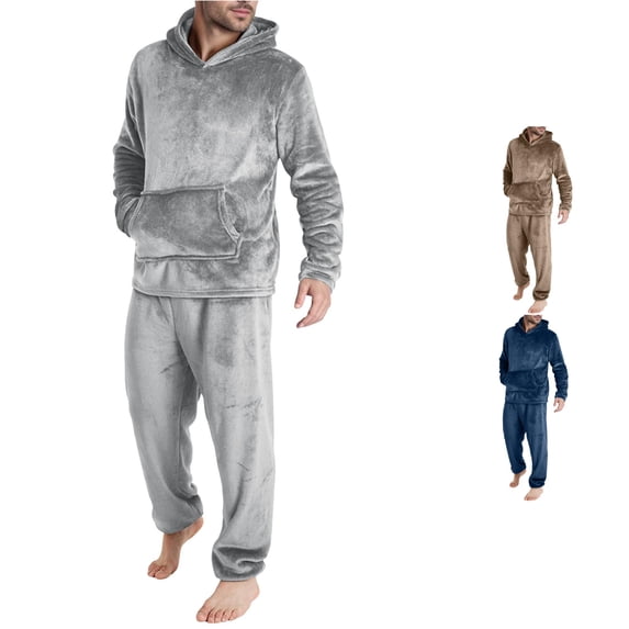 Uikmnh Mens Leisure Soft Home Solid Shirt Pants Pajama Set Two Piece Long Warm Loungewear