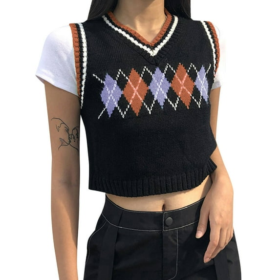 Uikmnh Sweater Vest Women Plaid Contrast Color Knit Short Sleeveless Top Vest Size：S