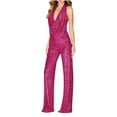 thumbnail image 1 of Uillui Women's Evening Elegant Sparkly Jumpsuits Halter Neck Sleelveless Party Sequins Rompers High Waisted Wide Leg Pants, 1 of 7