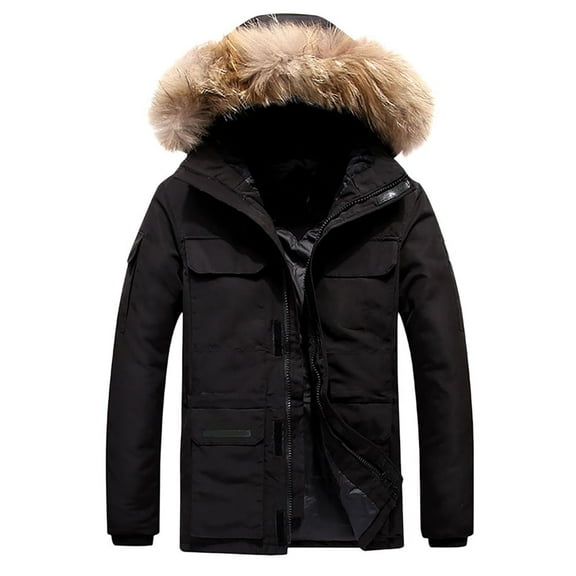Uinagy Men's Winter Thick Warm Cotton Jacket Mid-Length Fur Collar Goose Parker Jacket