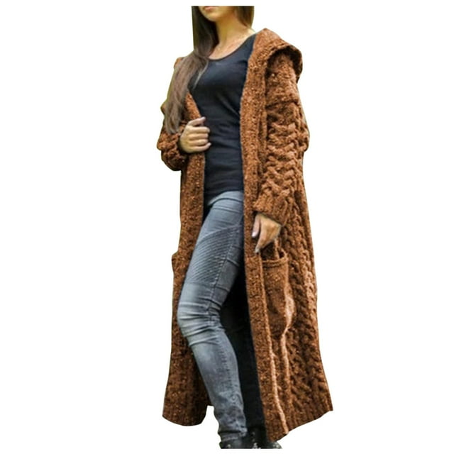 Uinagy Women's Solid Color Knitted Loose Hooded Long Cardigan Pocket 