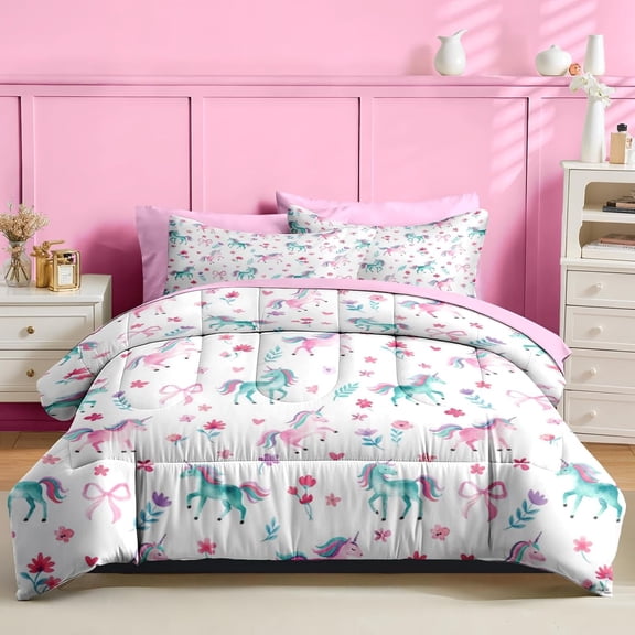 Uincorn Comforter Set Full Size, 7 Pieces Bed in a Bag, Watercolor Unicorn Bedding Set for Girls, Floral Bow Comforter Set with 2 Pillowcase & 2 Sham