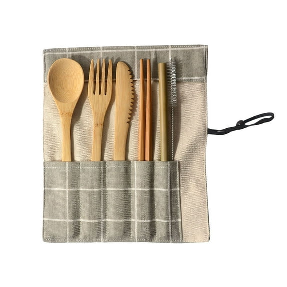 Uioepy Final Sale A 6-Piece Set Of Cotton And Linen Bag Tableware With Grey Checkered Pattern Portable Bamboo Cutlery Travel Eco-Friendly Fork Spoon Set Include Reusable Bamb Tableware Stainless Steel
