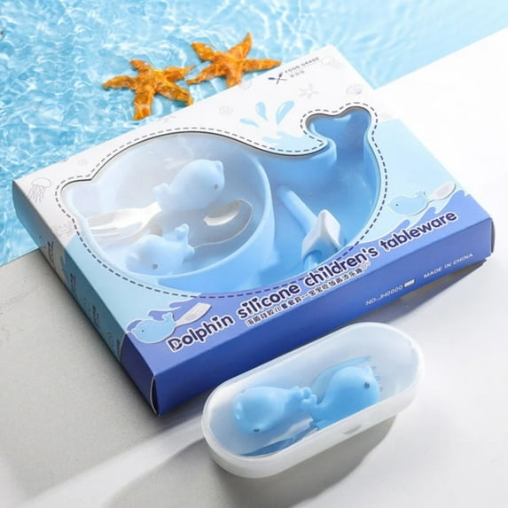 Uioepy Final Sale Cute Tableware Dolphin Infant And Toddler Suction Cup Integrated Grid Complementary Food Tableware Set Effectively The Baby From Moving Or Knocking Over The Plate.Stainless Steel Bow