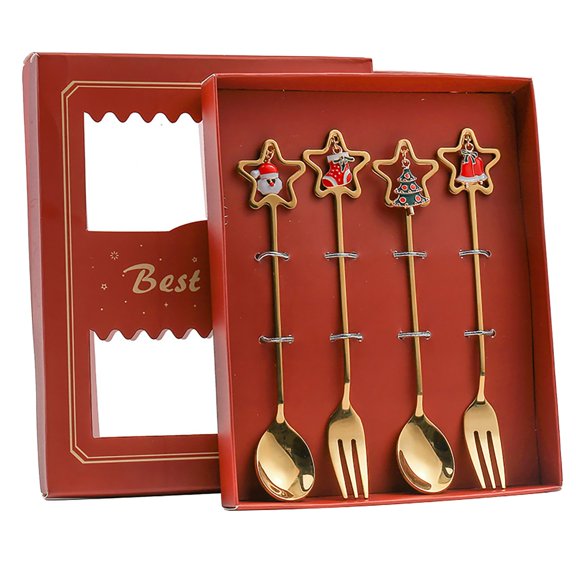 Uioepy Final Sale Golden Tableware 304 Five-Pointed Star Pendant Four-Piece Set In A Color Box - Red Box Christmas Tableware Set Stainless Steel Spoon Gift Set Dessert Spoon Fork Coffee Spoon Christma