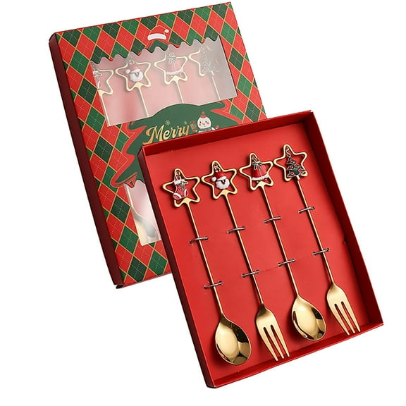Uioepy Final Sale Golden Tableware 304 Five-Pointed Star Pendant Spoon And Fork + Four-Piece Set Red Box Christmas Tableware Set Stainless Steel Spoon Gift Set Dessert Spoon Fork Coffee Spoon Christma