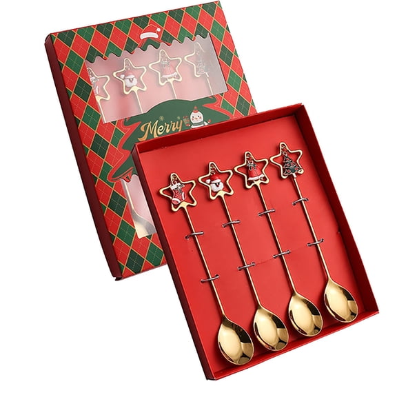 Uioepy Final Sale Golden Tableware 304 Five-Pointed Star Pendant Spoon + Four-Piece Set Red Box Christmas Tableware Set Stainless Steel Spoon Gift Set Dessert Spoon Fork Coffee Spoon Christmas Pendant